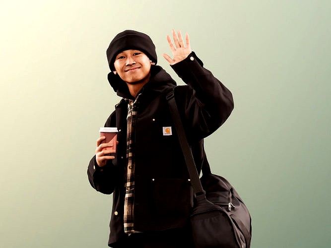 Ajay 11560 - Boy Waving With Sports Bag And Coffee