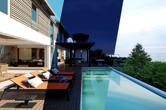 Luxury house with pool 3 setups in 1 day cloudy and night