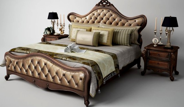 Classic leather Double bed set 3D Model