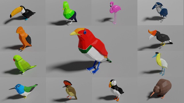 13 exotic birds pack low-poly