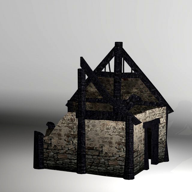 burned thatched house low-poly