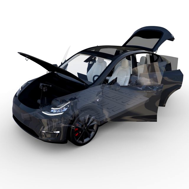 tesla model y awd midnight silver with interior and chassis
