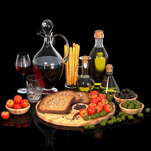 Olives bread tomatos and wine - food set
