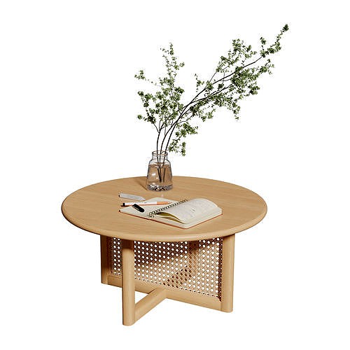 Homary Modern Natural Round Pine Wood Rattan Coffee Table