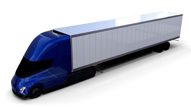tesla truck with chassis and trailer blue