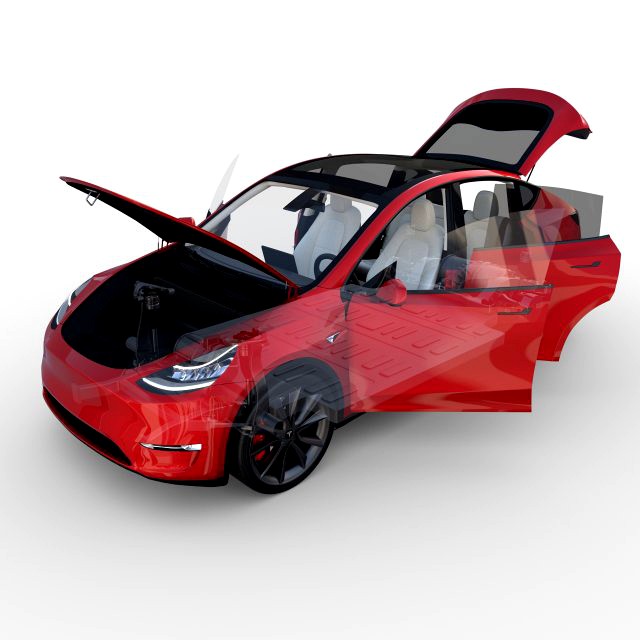 tesla model y awd red with interior and chassis