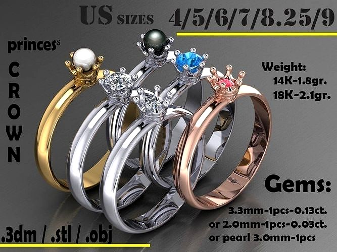 Ring  princess crown 013ct or 003ct or pearl 3 options  | 3D