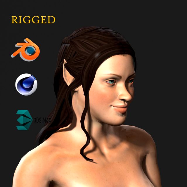 naked elf woman-rigged 3d game character