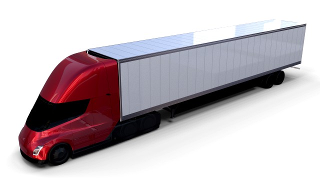 tesla truck with chassis and trailer red