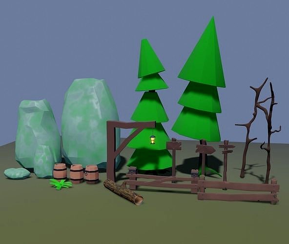 Low Poly Cartoon Trees Grass Plants Fence Barrel Low-poly