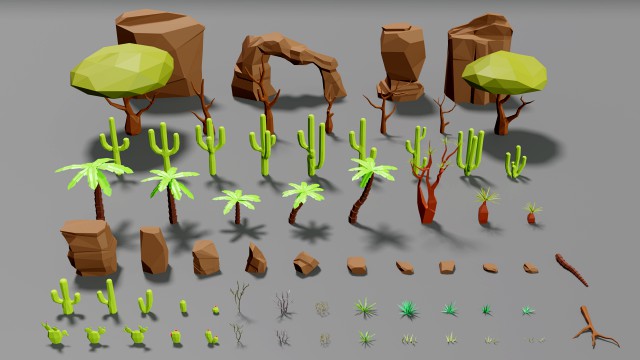 desert pack lowpoly trees palms cactus rock grass low-poly cartoons