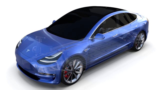 tesla model 3 with chassis blue