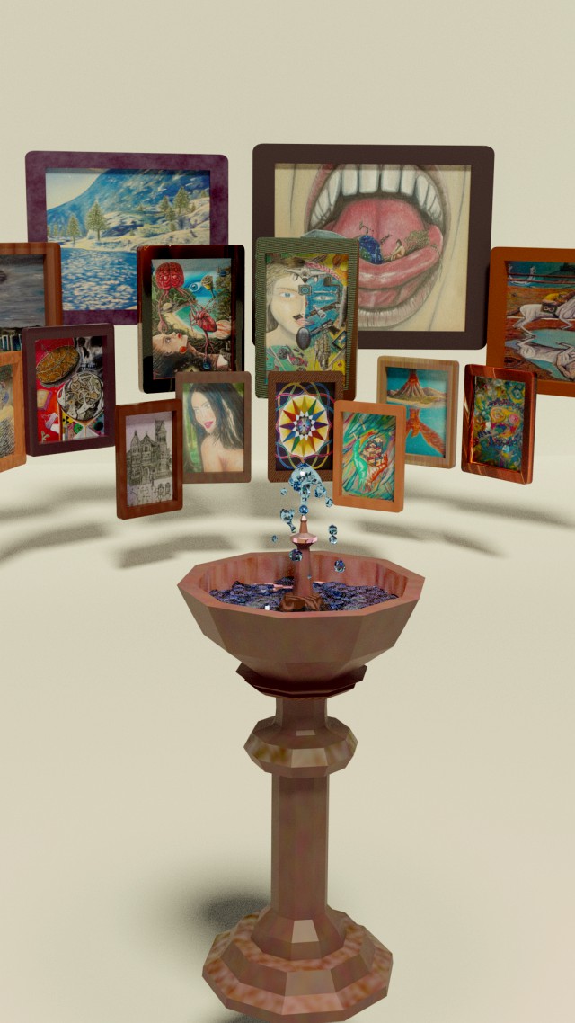 fountain and 14 paintings by the artist christian cabrales