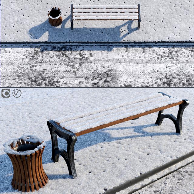 snow bench and sidewalk and street