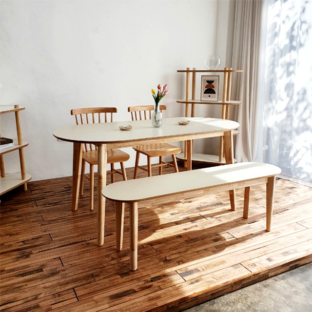 HPL laminate oval solid wood dining table