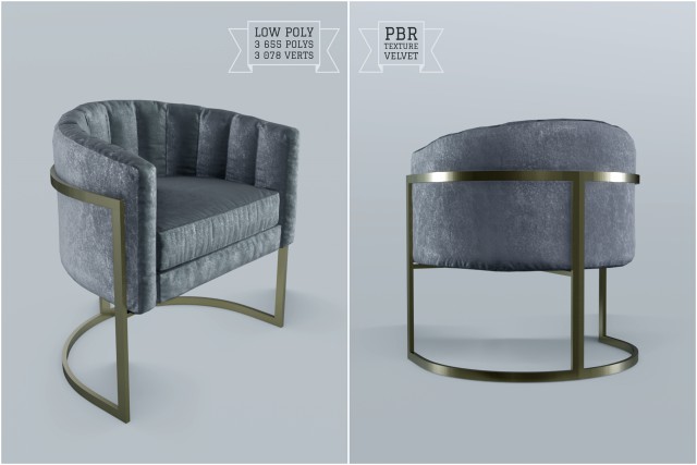 modern velvet barrel chair low poly pbr