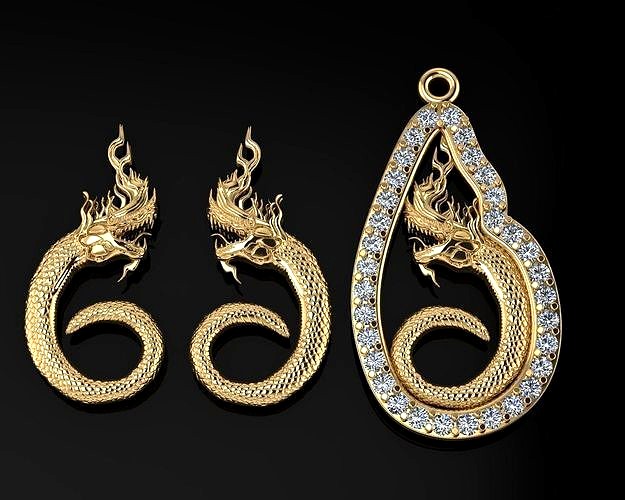 Asia Dragon Pendant and Earring | 3D