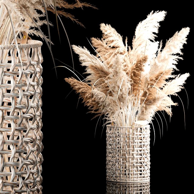 Bouquet of dry reeds in a white wicker basket for decoration 256