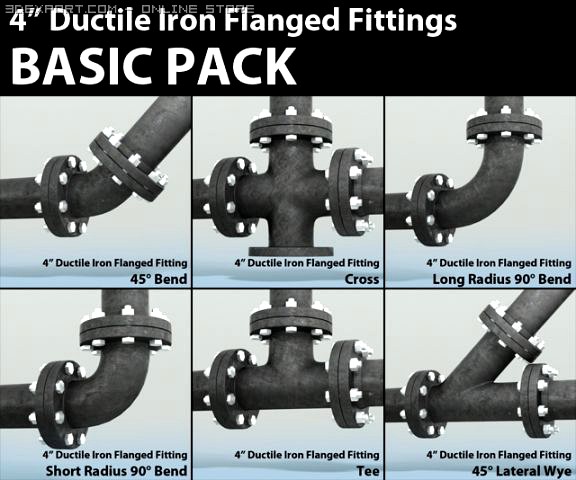 Pipes Pack 4 Ductile Iron Flanged Fittings Basic 3D Model