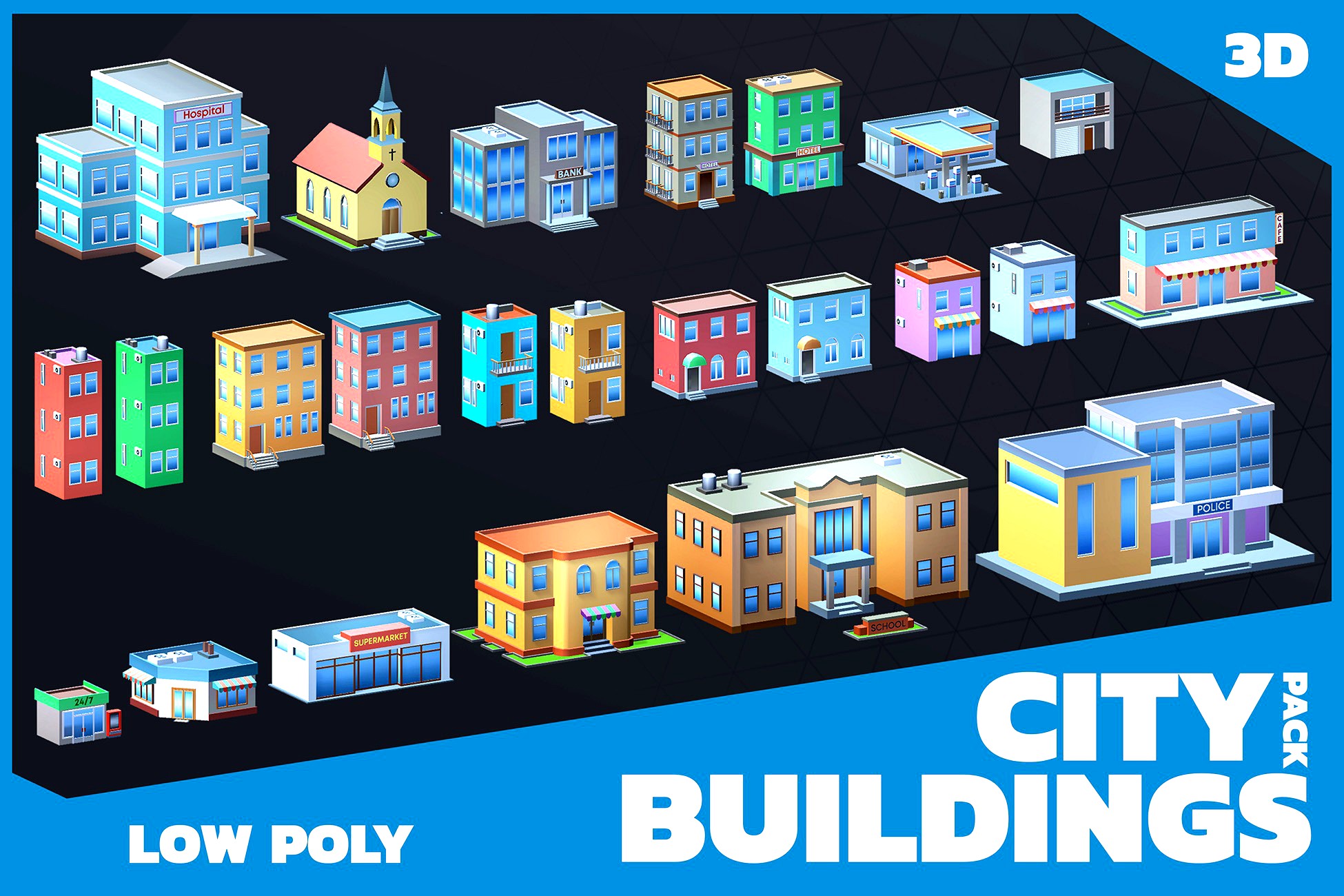Mobile low poly city buildings