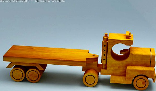 3d model of wood toy truck and flat trailer 3D Model