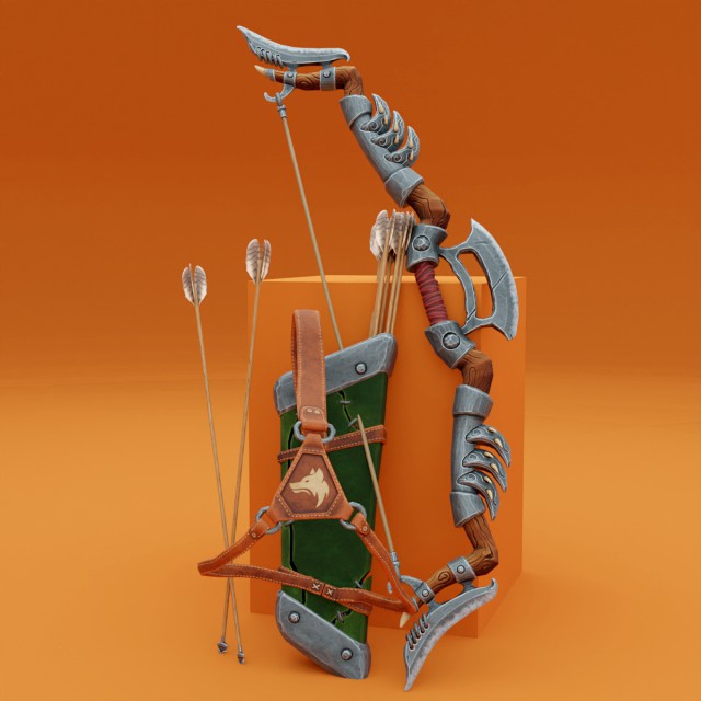 Fantasy Wooden bow with armor blades and stylized quiver