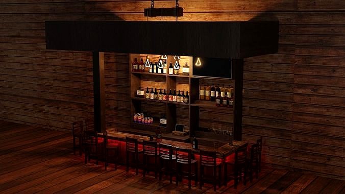 Bar counter with various drinks and red lighting