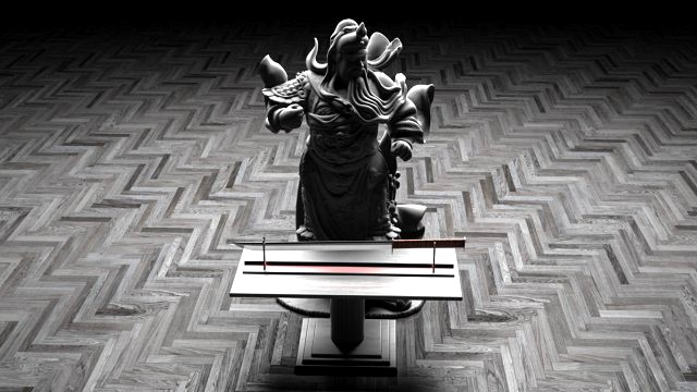 samurai sword with budawarrior statue