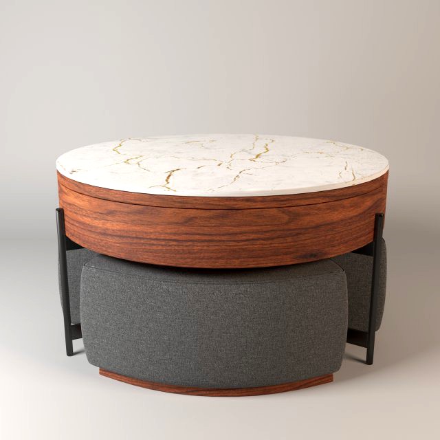 Modern Round LiftTop Stone Coffee Table Set with Storage 3 Ottomans