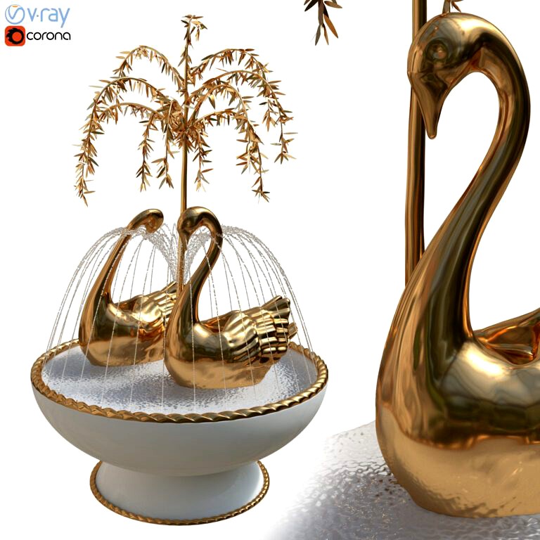 Fountain with Gilt Brass Swans and Weeping Willow (331024)
