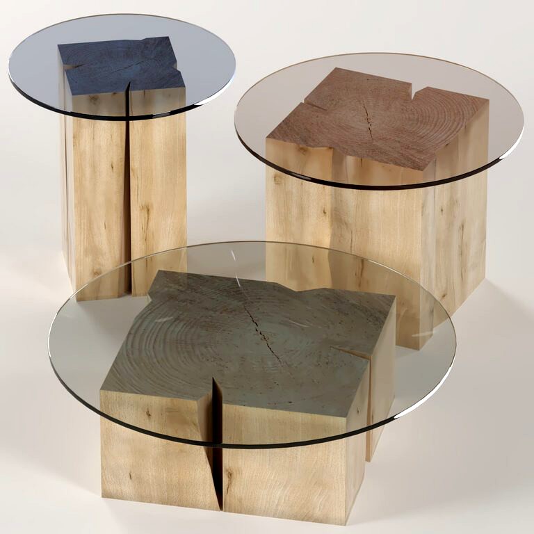 A set of square coffee tables in stumps and slabs with a glass top (130313)