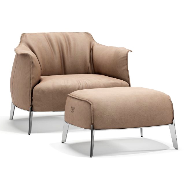 Stylish modern Italian armchair Archibald Gran Comfort with pouffe by Poltrona Frau