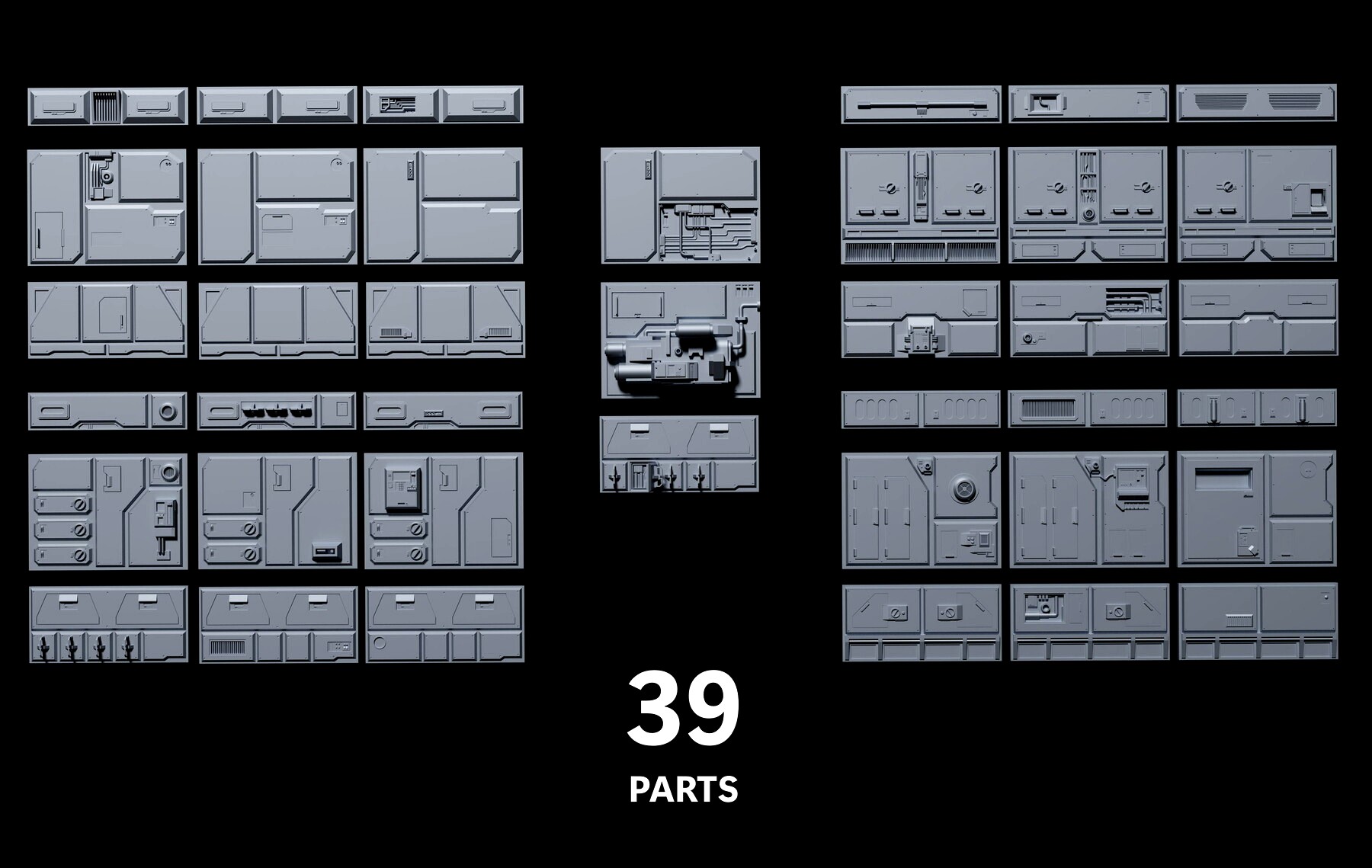 [Bundle] Sci-Fi Wall Panels Kitbash - 39 Parts (with materials)