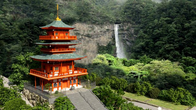 Pagoda and Nachi Falls OBJ FBX