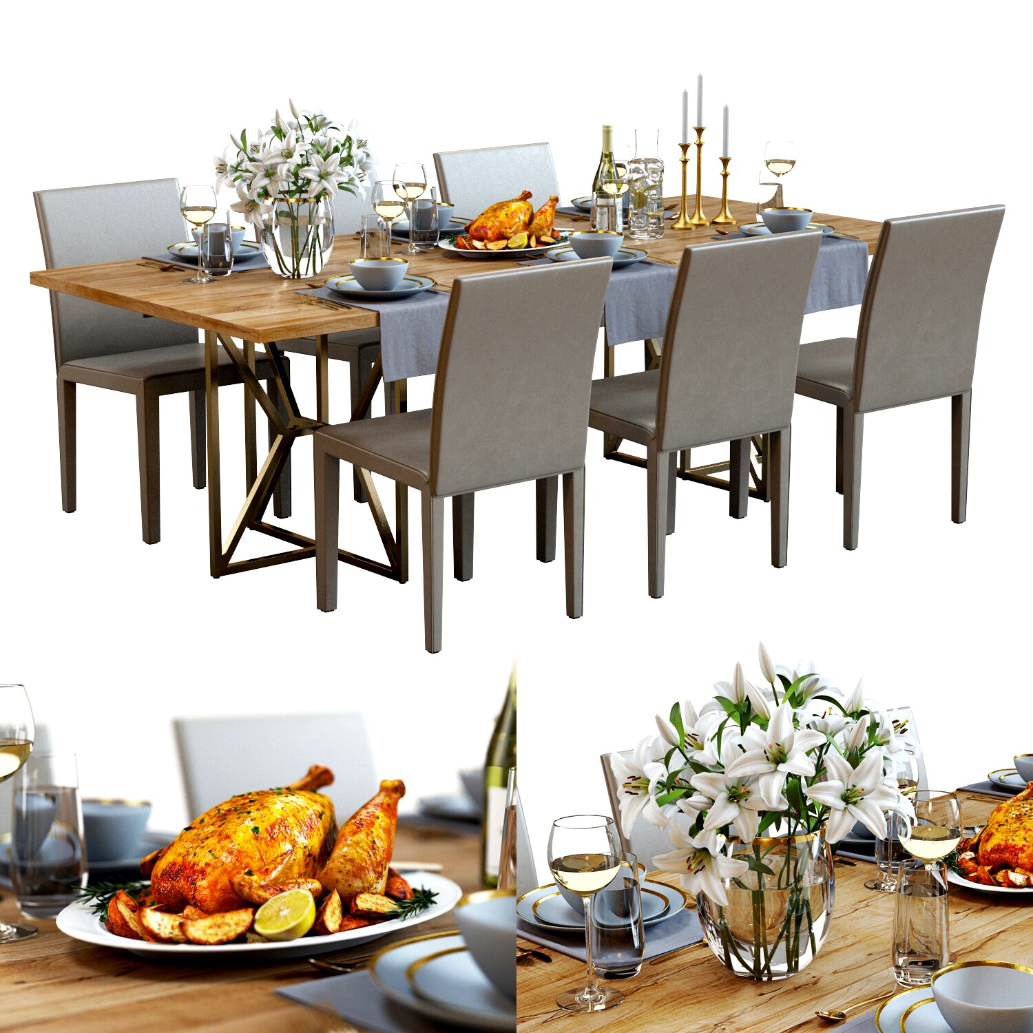 3D Model / Table Set with Food 01 / Crate&Barrel Furniture / White lilies / Roasted Chicken / Tableware