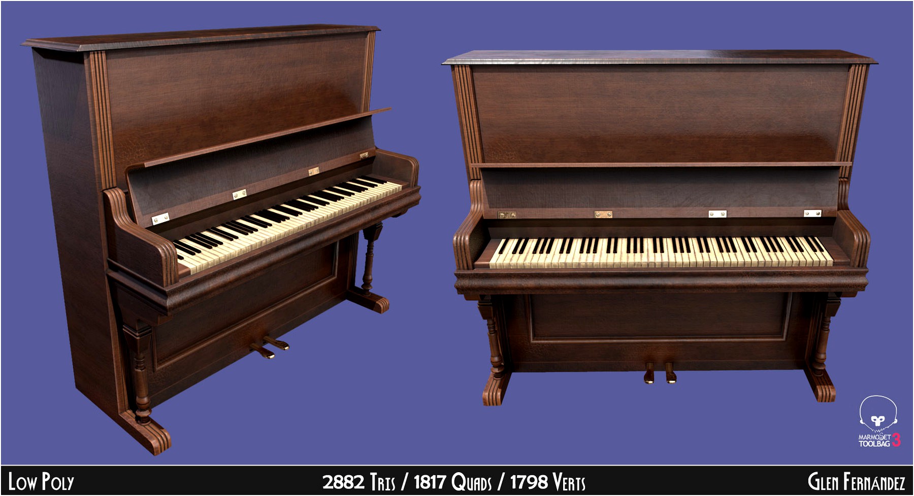 Old victorian wooden upright piano low poly