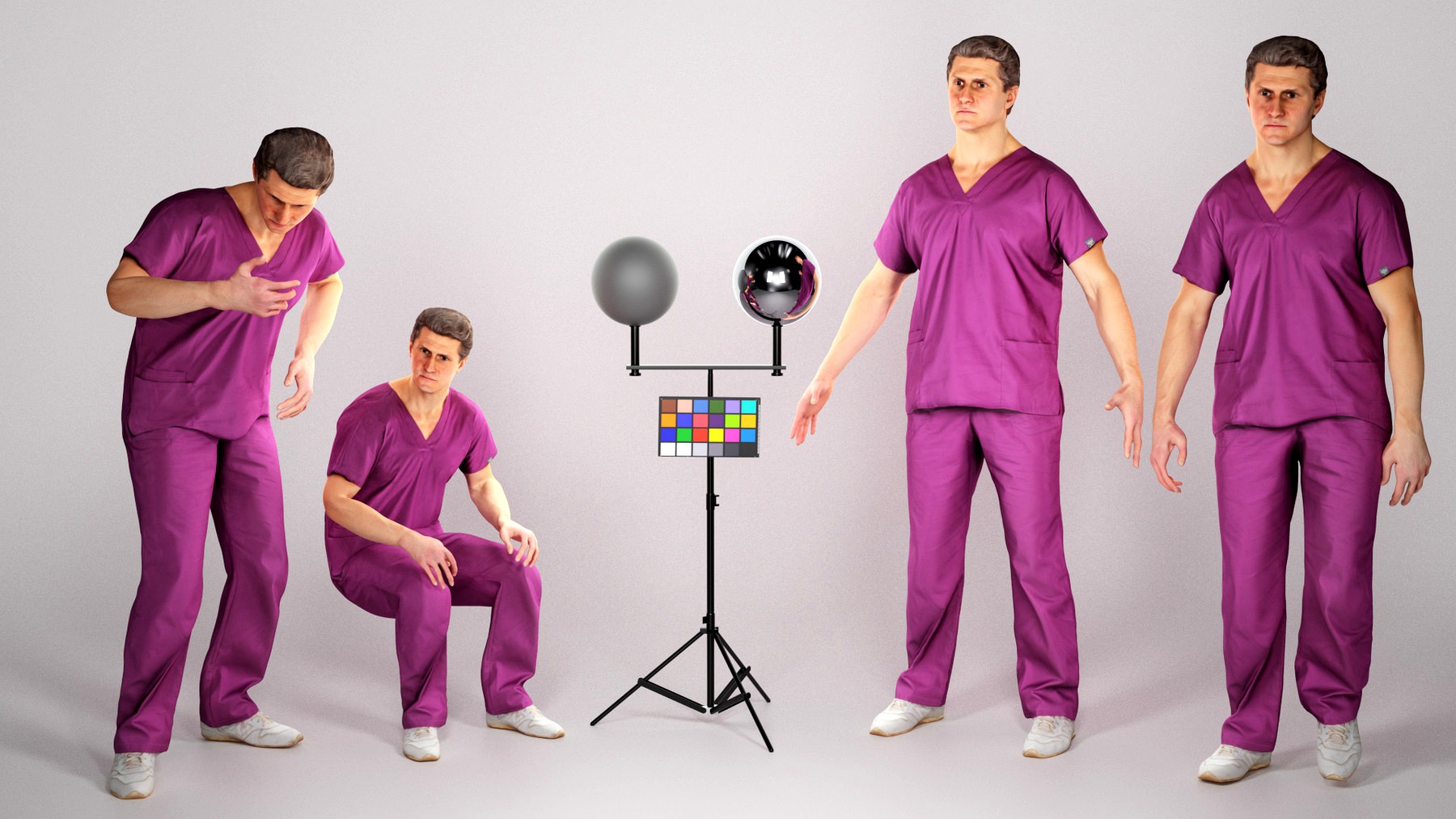 Animated surgeon in violet uniform: walking, working, sitting 83