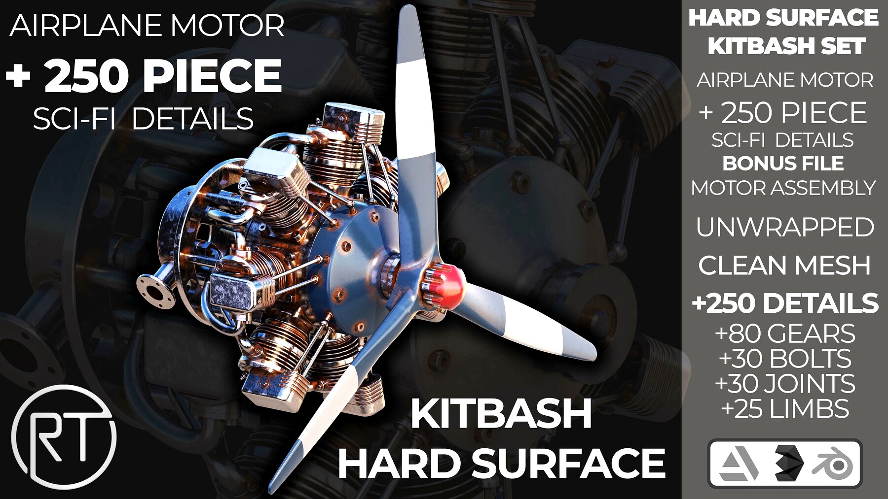 HARD SURFACE KITBASH VOL 1 (250 UNIQUE PARTS) + AIRPLANE ENGINE AND ROBOT LIMBS