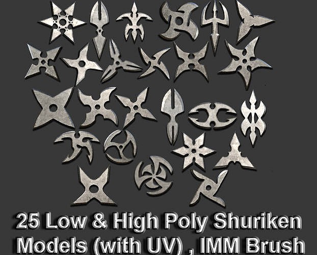 25 Shuriken Model Low and High poly with UV and IMM Brush V 4