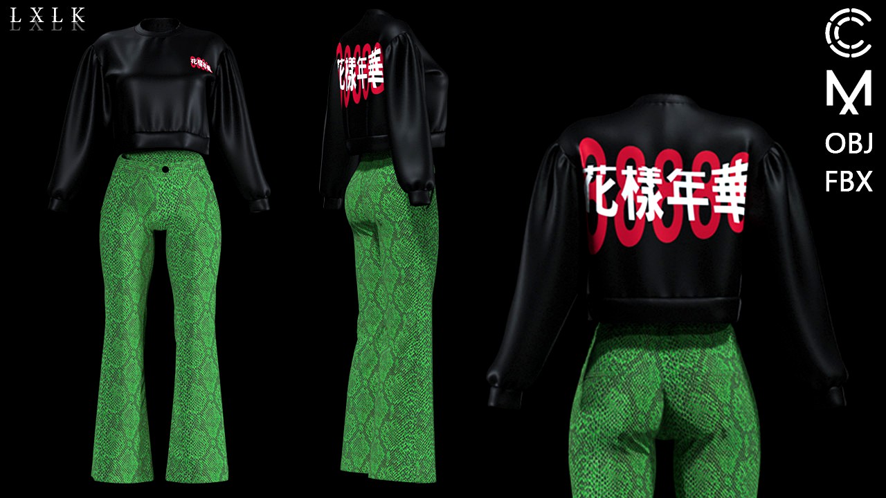 Women's Casual Outfit with chinese character printed sweatshirts, snakeskin pants - Marvelous Designer, CLO3D