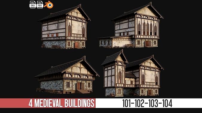 4 Old Medieval Buildings Pack 4K Textures GameReady 101 to 104
