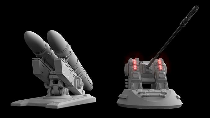 Lowpoly Missile Launcher Turret and Gun Turret