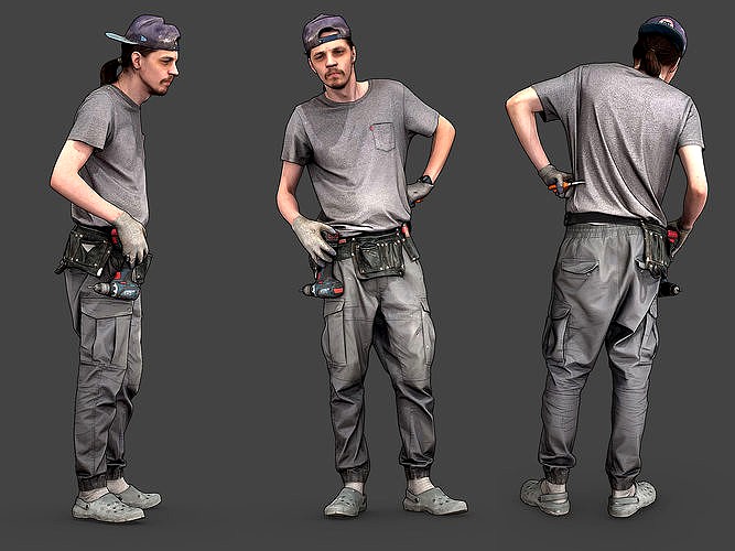 Worker in Gray Bent Over