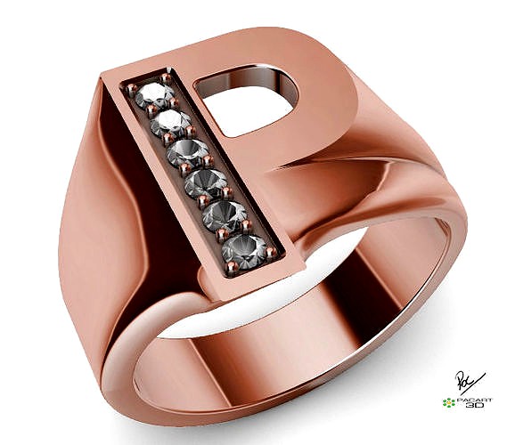 Seal ring with the letter P with gems of 2 mm each | 3D