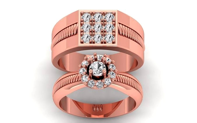 Solitaire Wedding Engagement Couple Band Ring | 3D