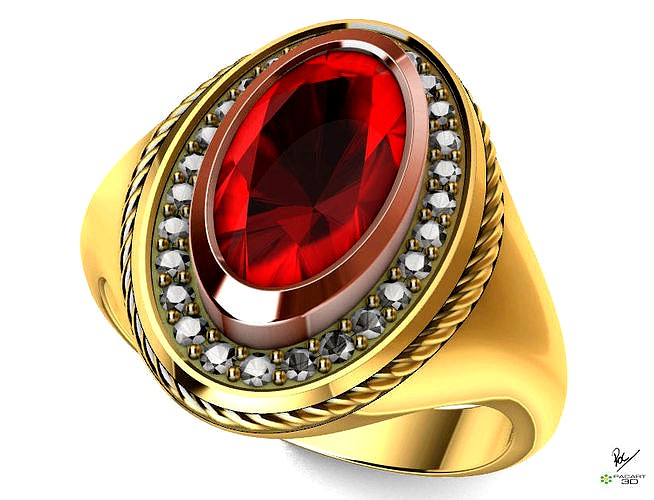 Oval ring with gems and central gem in stl and obj format | 3D