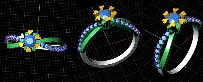 Ring design With Diamonds and Gemstone 3D print model  | 3D