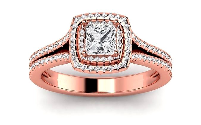 Solitaire Wedding Engagement Women Ring Princess Stone Halo Ring | 3D