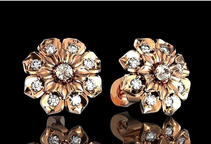 flower-shaped stud earrings with stones 472  | 3D