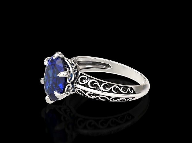 Oval Stone Antique Floral Carving Ring | 3D